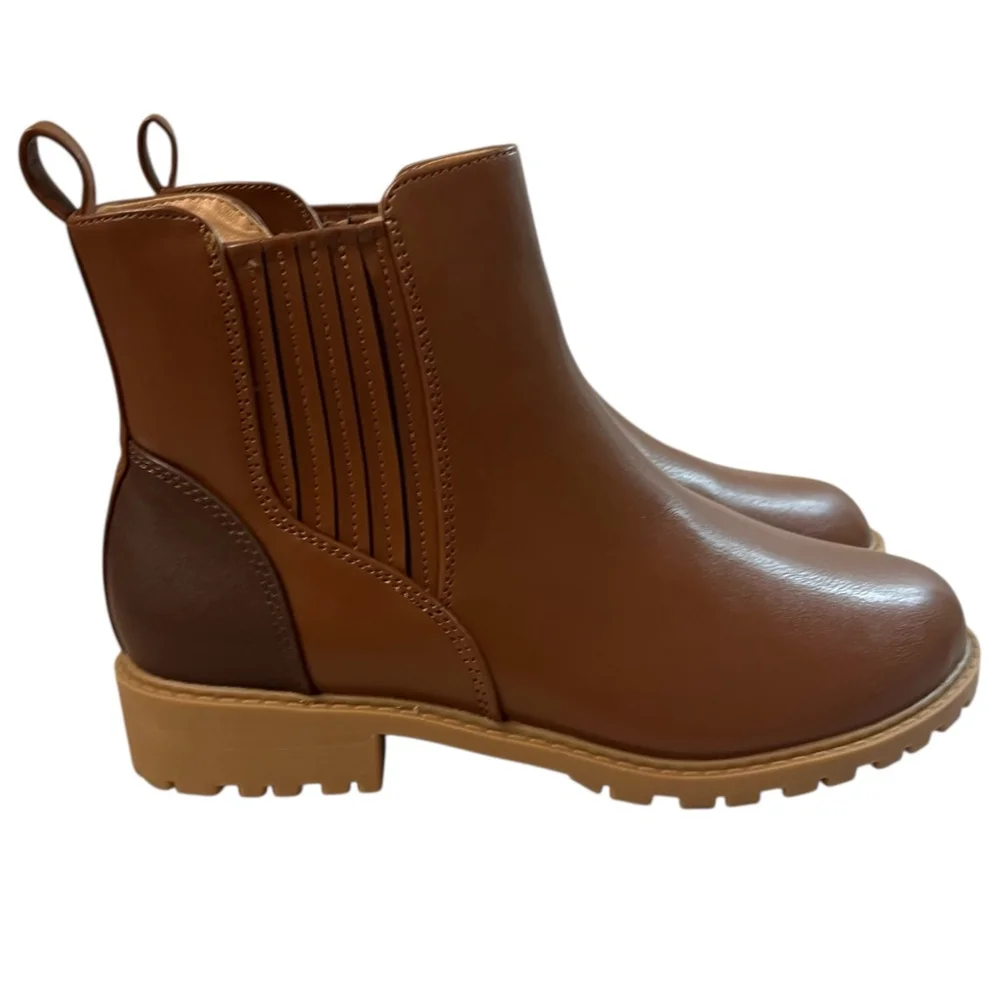 Brown Side Zip Lug Sole Ankle Boots Girls Size 4Y Faux Leather Chelsea Style